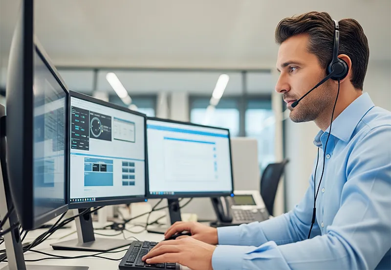 Technical support employee working at desk.