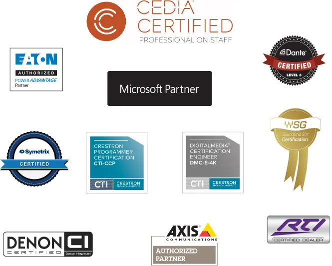 Multiple A/V industry engineering and programming certification badges held by company employees. Certifications included are from Crestron, Microsoft, CEDIA, Dante audio, RTI corp, Axis communications, Denon, and more.