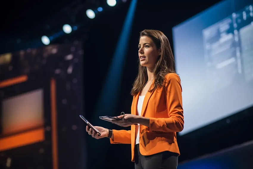 Women on stage giving a presentation.
